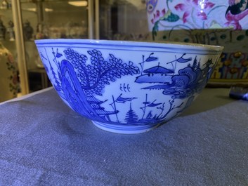 A Chinese blue and white 'landscape' bowl, Wanli